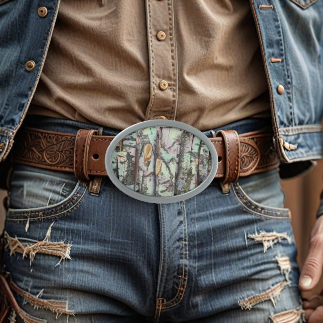 Close-up scene of birch log stumps, rustic charm belt buckle (Creator Uploaded)