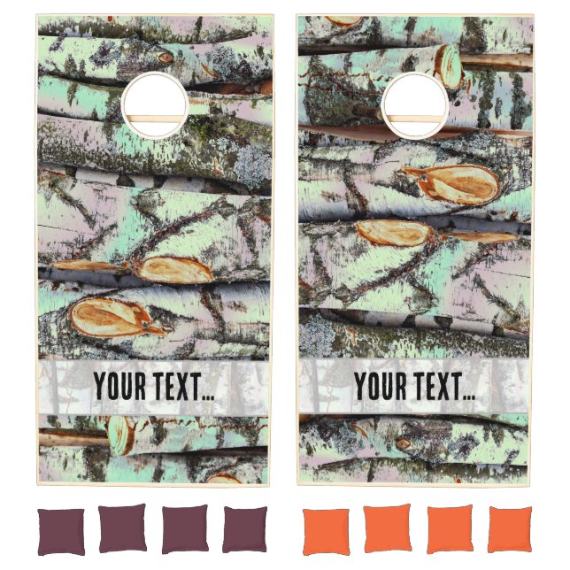 Close-up scene of birch log stumps, rustic charm cornhole set (Set)