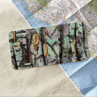 Close-up scene of birch log stumps, rustic charm license plate