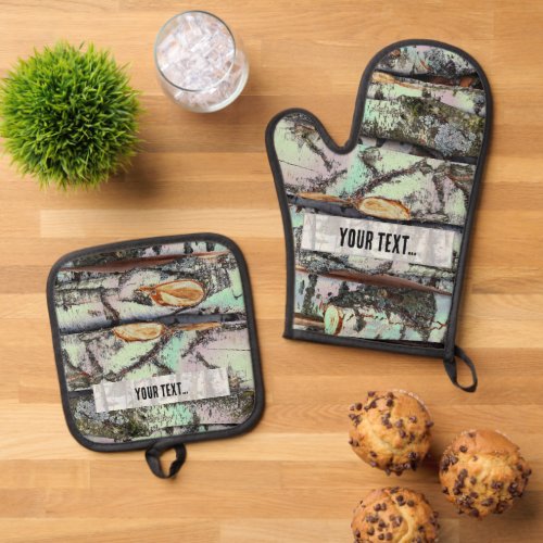 Close-up scene of birch log stumps, rustic charm oven mitt & pot holder set