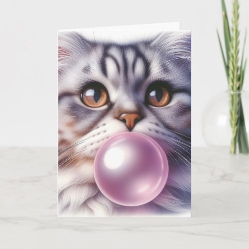 Close Up Tabby Cat Blowing Bubble Gum Blank Card
