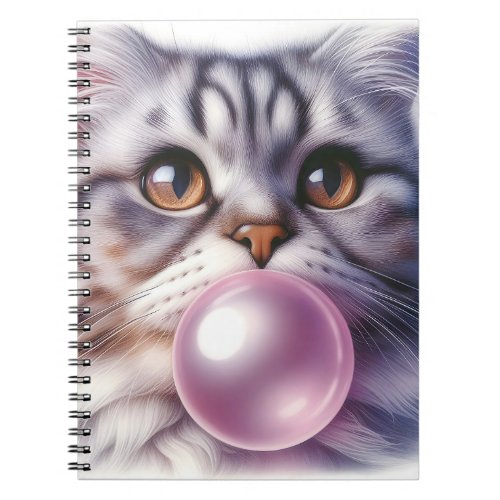 Close Up Tabby Cat Blowing Bubble Gum  Notebook