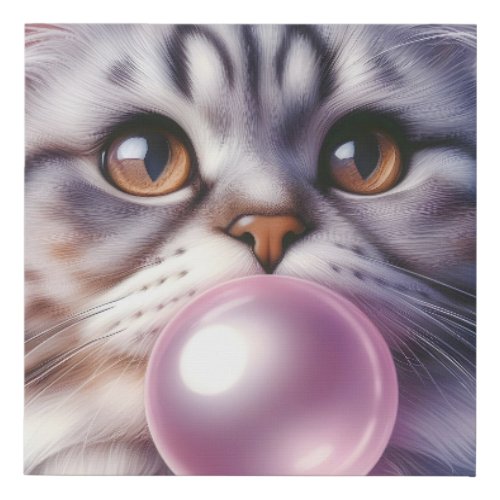 Close Up Tabby Cat Blowing Bubble Gum Nursery Faux Canvas Print