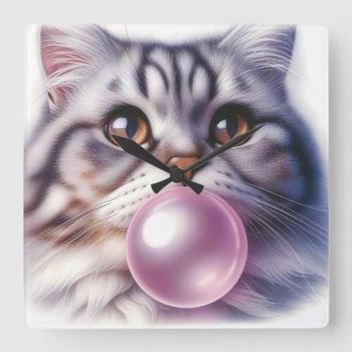 Close Up Tabby Cat Blowing Bubble Gum Nursery Square Wall Clock