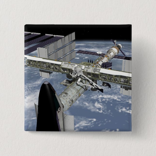 Close up view of the Shuttle docked Pinback Button (Front)