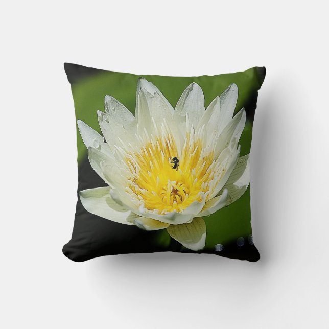 Close-up White Water Lily Flower and Bee Pillow (Front)