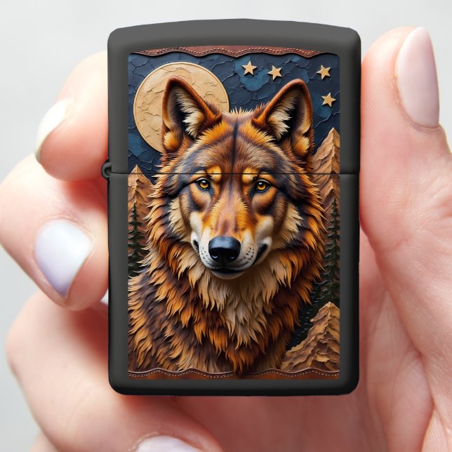 Close-Up Wolf Night Stargazing Zippo Lighter (In Hand)