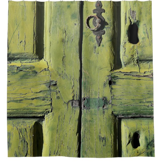 Closed brown wooden 2-panel door shower curtain (Front)