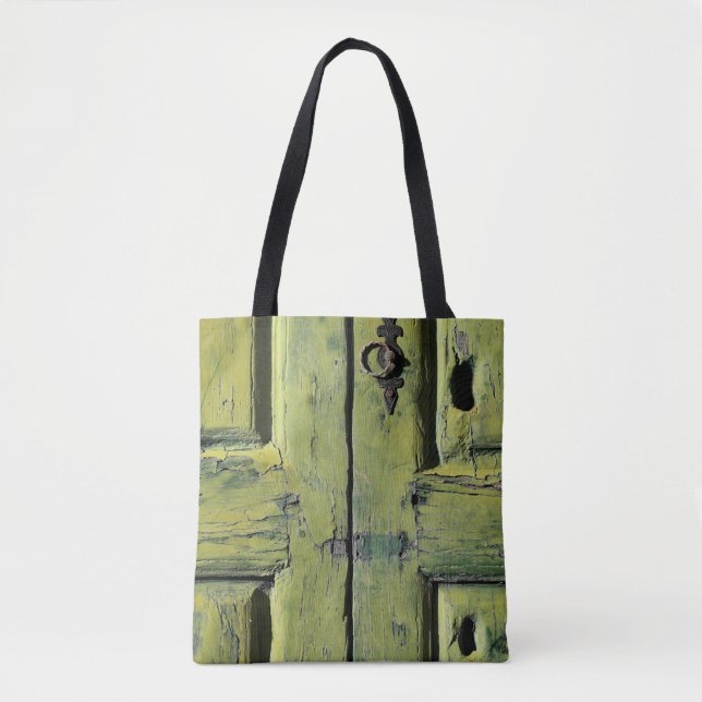 Closed brown wooden 2-panel door tote bag (Front)