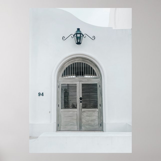 CLOSED GREY WOODEN DOOR BELOW BLACK LIGHT SCONCE POSTER (Front)