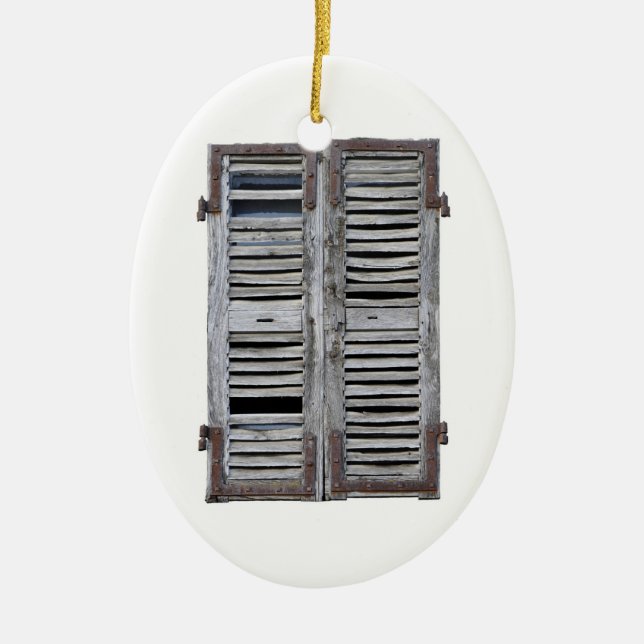 Closed window with old wood shutters ceramic ornament (Front)