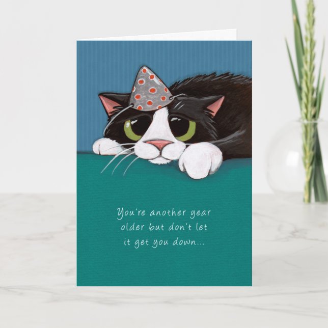 Closer to Purrfection Tuxedo Cat Birthday Card (Front)