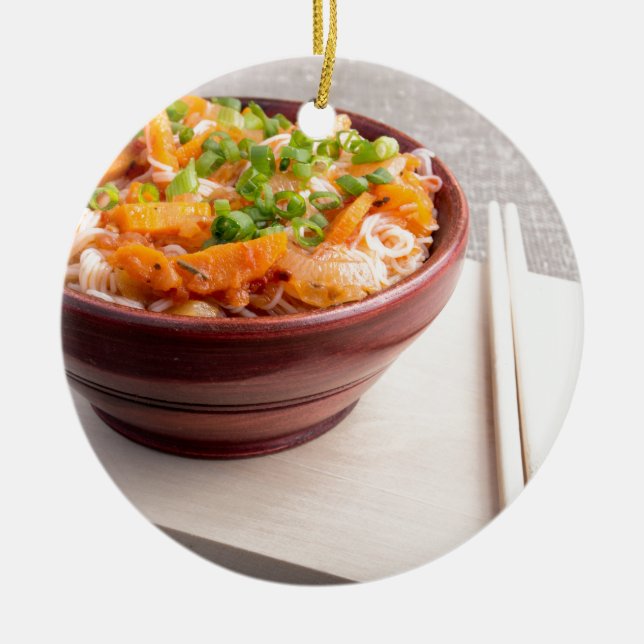 Closeup Asian food of rice noodles and vegetables Ceramic Ornament (Front)