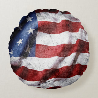Closeup grunge American flag. Round Pillow