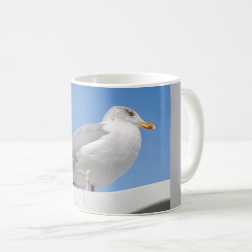 Closeup herring gull perched on boat cabin on blue coffee mug