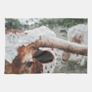 Closeup Impressionist Painted Longhorn Kitchen Towel