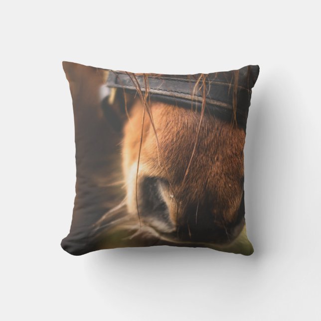 Closeup of a Cute Brown Horse Nose Throw Pillow (Front)