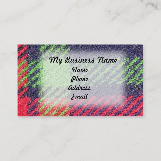 Closeup of Blue, Green and Red Fabric Business Card (Front)