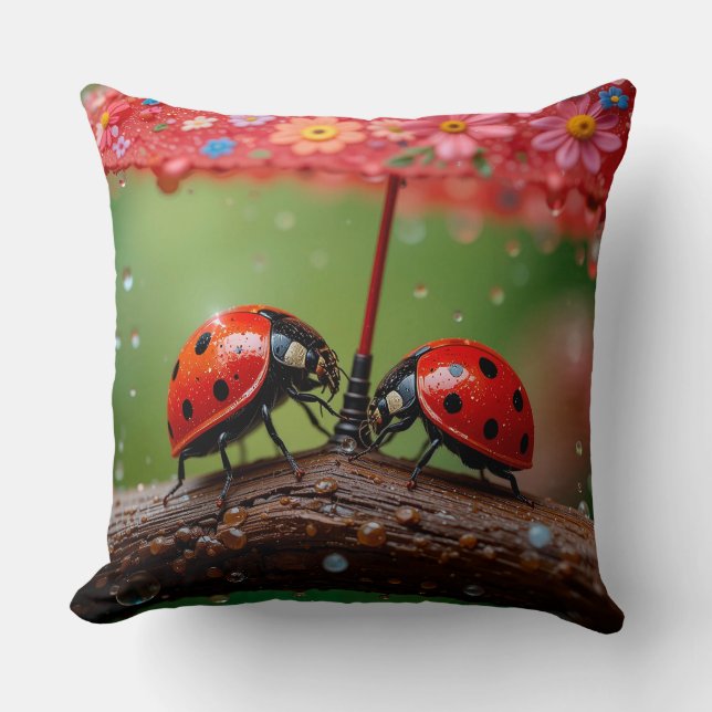 Closeup of Two Ladybugs Sharing a Raindrop Throw Pillow (Front)