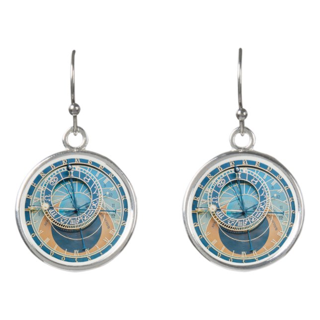 Closeup on Prague Astronomical Clock, Czech R. Earrings (Front)