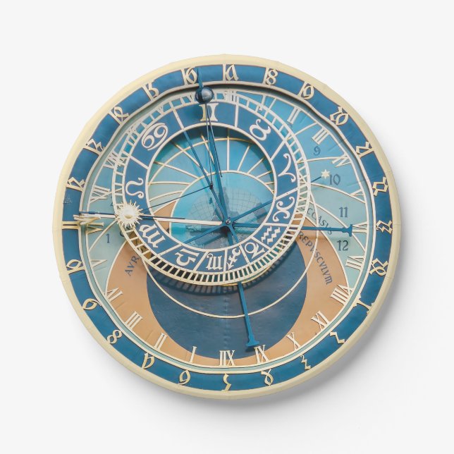 Closeup on Prague Astronomical Clock, Czech R. Paper Plates (Front)