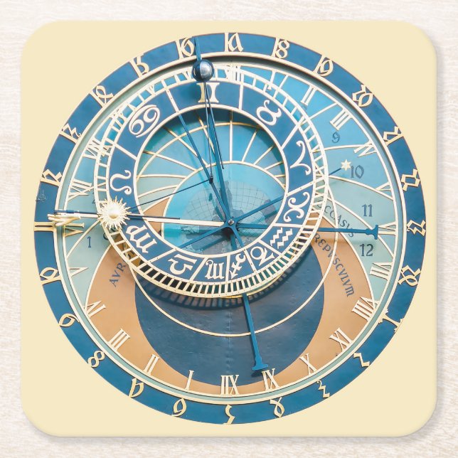 Closeup on Prague Astronomical Clock, Czech R. Square Paper Coaster (Front)