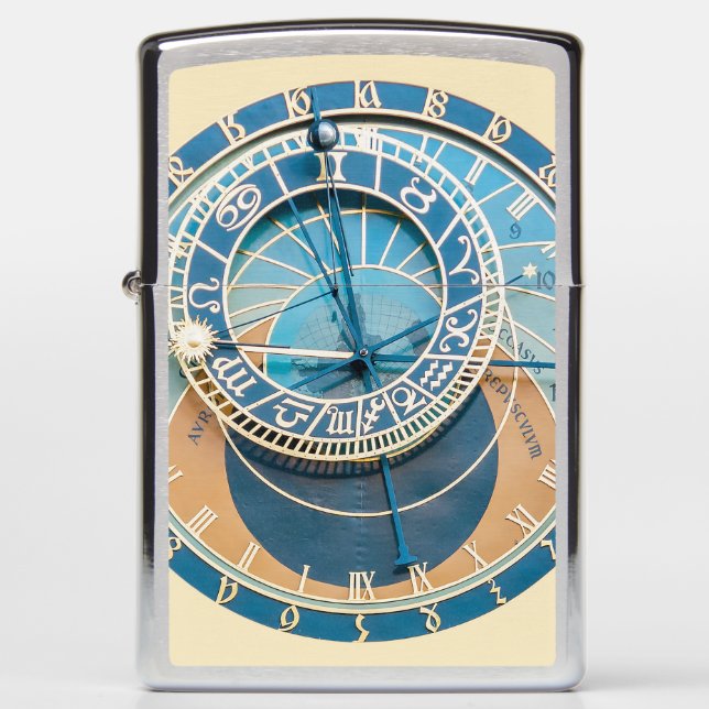 Closeup on Prague Astronomical Clock, Czech R. Zippo Lighter (Front)