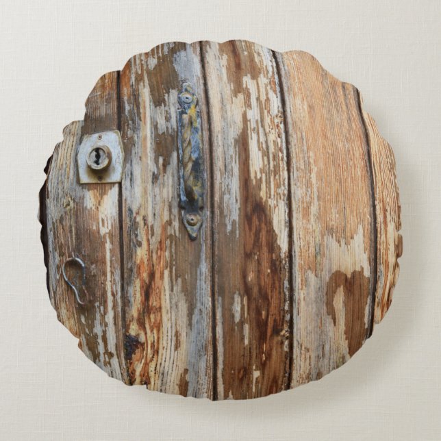Closeup photo of brown wooden board round pillow (Front)