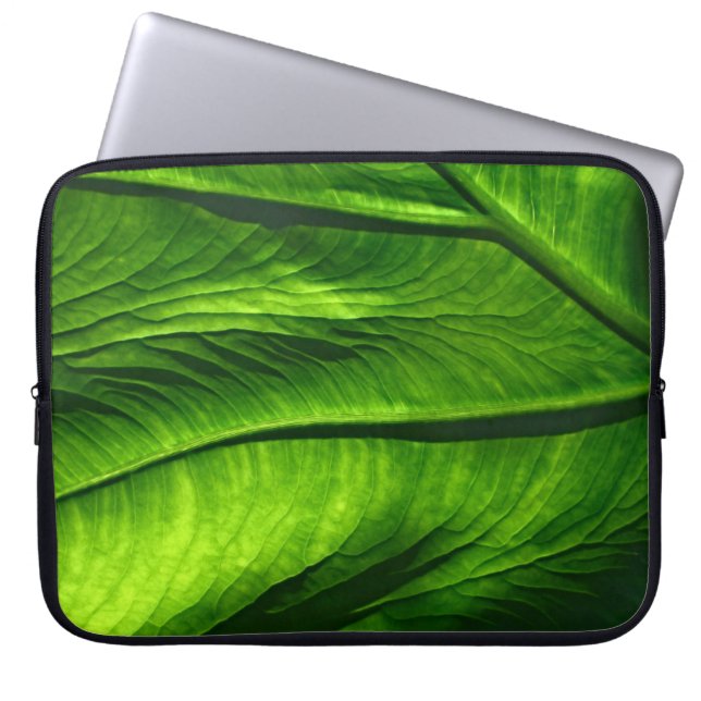 Closeup photo of green leaf laptop sleeve (Front)