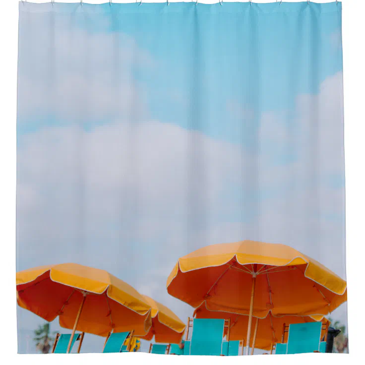 Closeup photo of lounger chairs and beach umbrella shower curtain Zazzle
