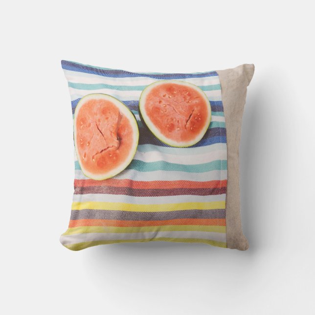 Closeup photo of slice watermelon fruits on cloth throw pillow (Front)