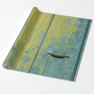 Closeup photo of yellow and teal wooden board wrapping paper