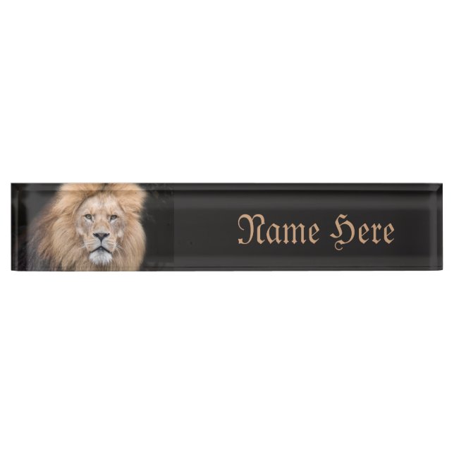 Closeup Portrait of a Male Lion Desk Name Plate (Front)