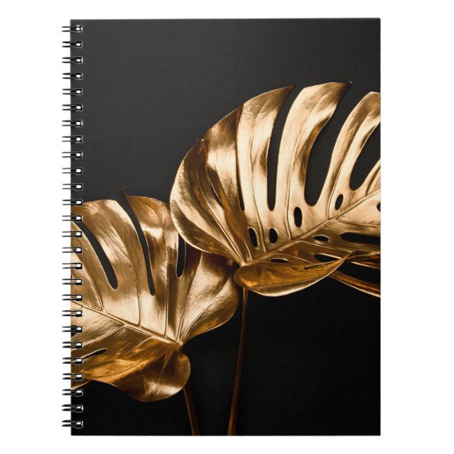 Closeup view of natural gold painted monstera trop notebook (Front)
