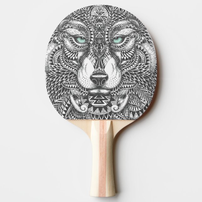 Closeup Wolf Face Ornate Illustration Ping-Pong Paddle (Back)