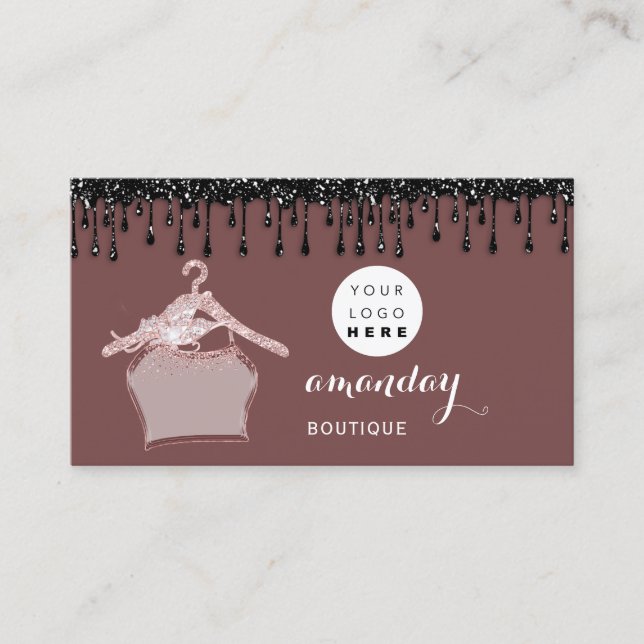 Cloth Hanger Dress Fashion Shop Rose Drip Logo QR  Business Card (Front)