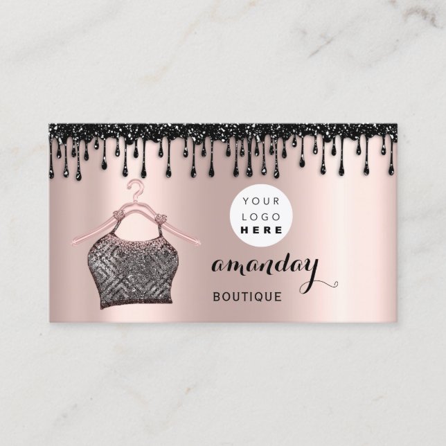 Cloth Hanger Dress Fashion Shop Rose Drip QR Logo Business Card (Front)