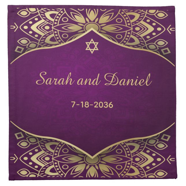 Cloth Napkin Gold Mandala on Purple Add Names (Front)