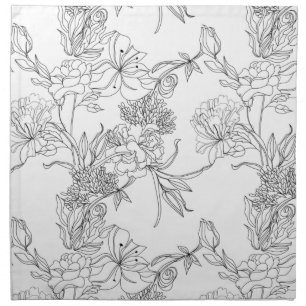 Cloth Napkins - Black and White Floral Pattern
