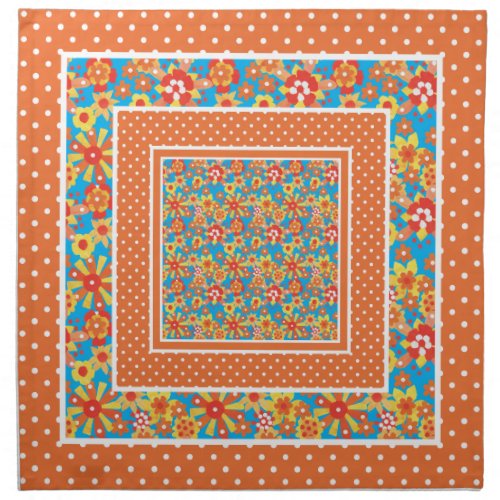 Cloth Napkins Orange Floral White Polka Dots