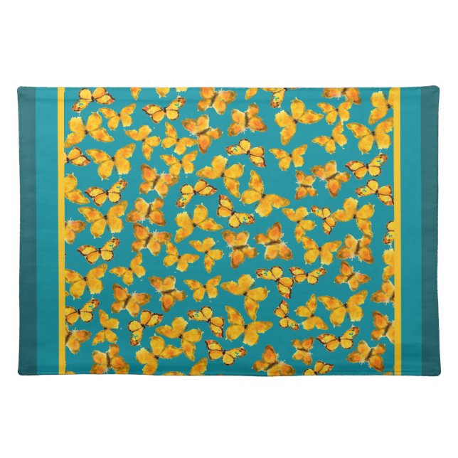 Cloth Place Mat, Golden Butterflies on Teal Cloth Placemat (Front)