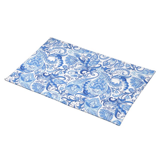 Cloth Placemat With Blue White Paisley Art Pattern (On Table)