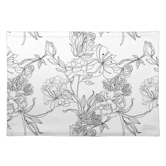 Cloth Placemats - Black and White Floral Pattern (Front)