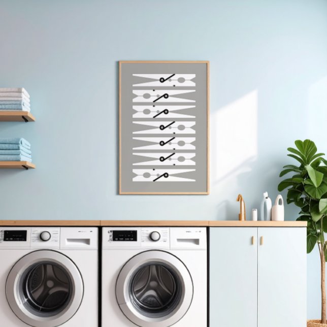 Clothes Pins Black White and Gray Laundry Room Art Poster (medium gray and white modern graphic clothes pins art for a fun laundry room)