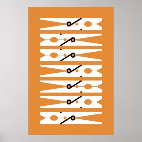 Clothes Pins Black White and Orange Laundry Room Poster