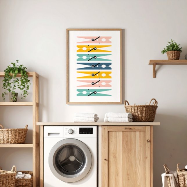 Clothes Pins Bright Color Laundry Room Art Poster (colorful pink, yellow, teal and navy blue modern graphic clothes pins art for a fun laundry room)