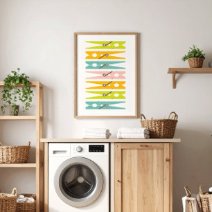 Clothes Pins Retro Color Laundry Room Art Poster