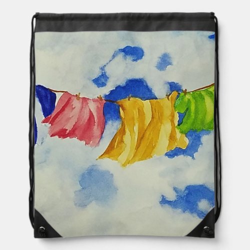Clothesline Art Bright Colored Laundry Drawstring Bag