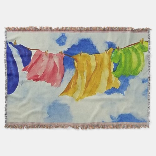 Clothesline Art Bright Colored Laundry Throw Blanket