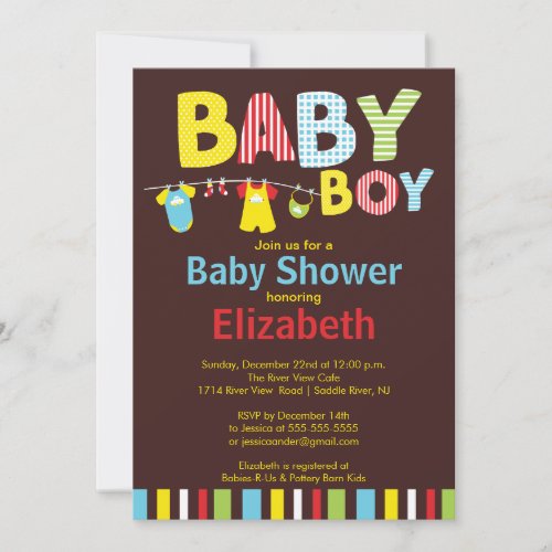 Clothesline Baby Boy Baby Shower Invitations